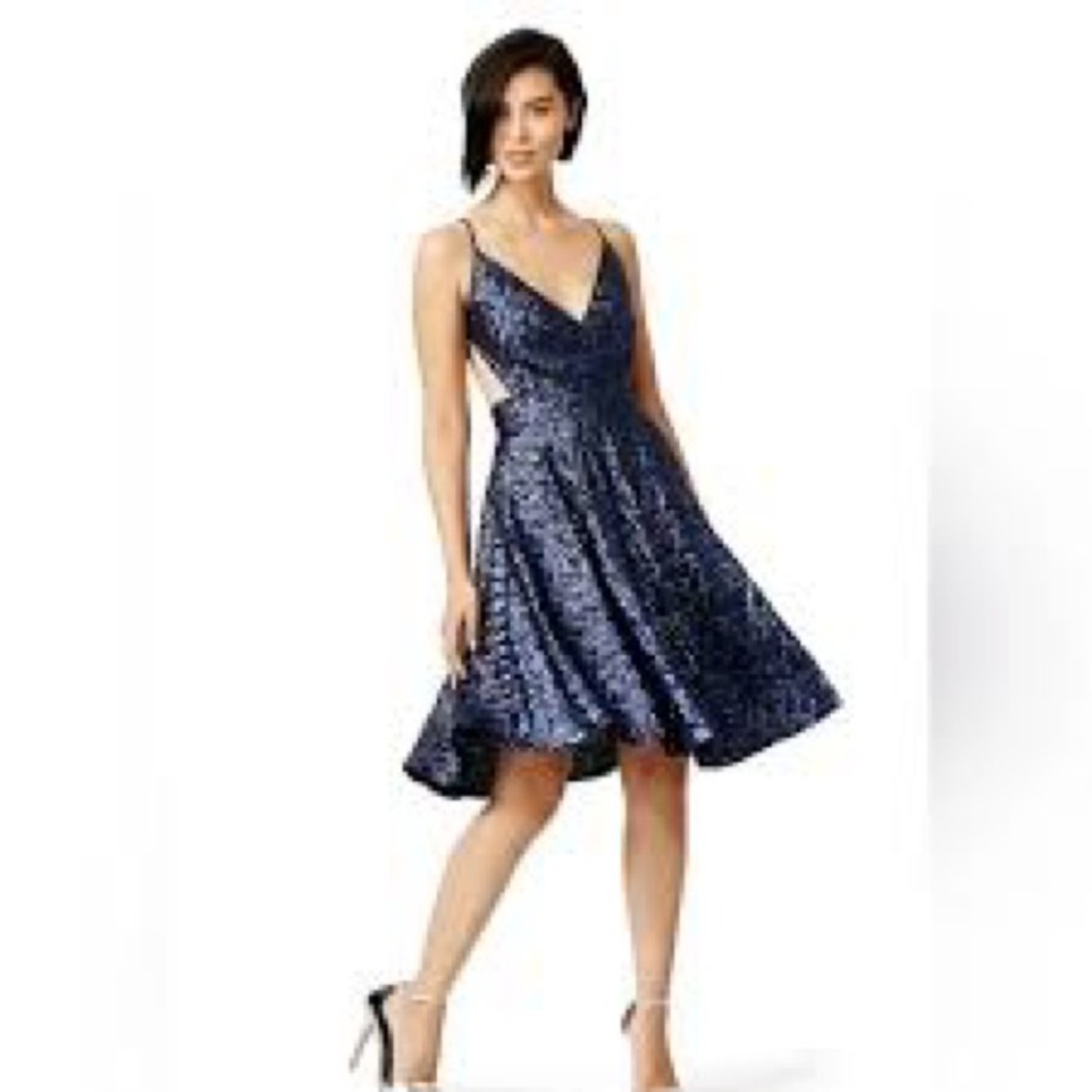 Contrarian Bibb Navy Sequin Asymmetrical Open Back Dress